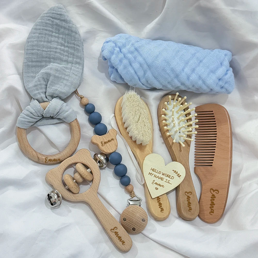 Baby Gift Box 8pcs with Personalized Name,Natural Wood Teether Rattle Set,Custom Baby Toy,Baby Name Announcement Baby Brush