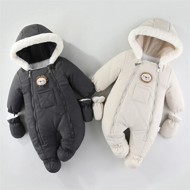 Cozy Plush Baby Snowsuit with Animal Patch, Available in 3 colors