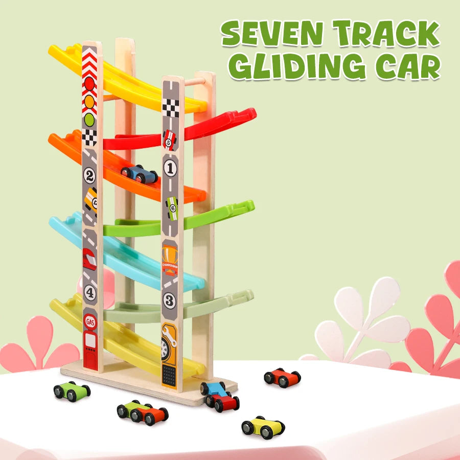 Seven-Track Wooden Gliding Car Ramp