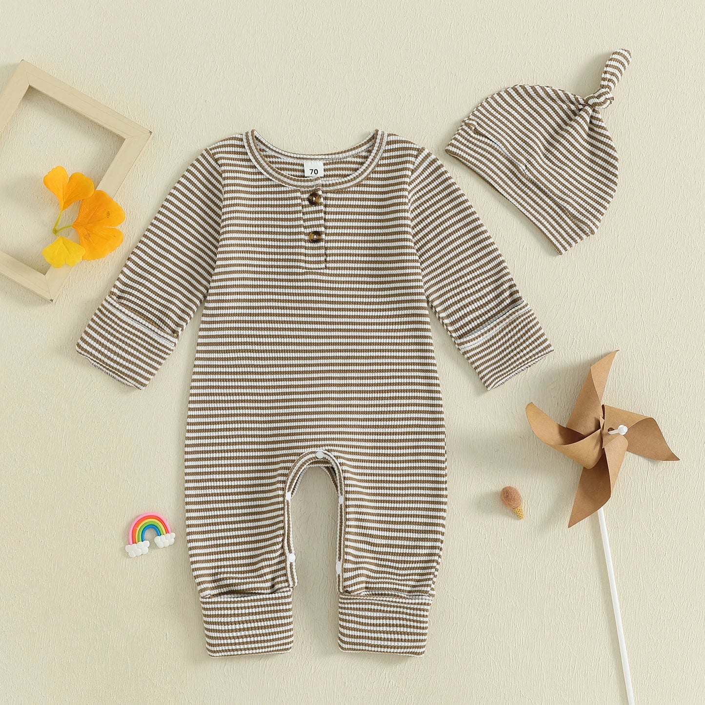 Striped Ribbed Onesie & Hat Set
