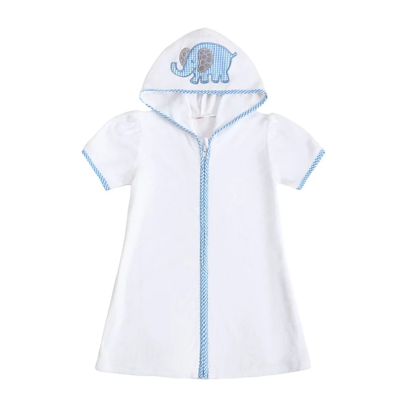 Lioraitiin Kid Swim Coverups Bow/Elephant Embroidery Short Sleeve Hooded Robe Zip-Up Towel Beachwear