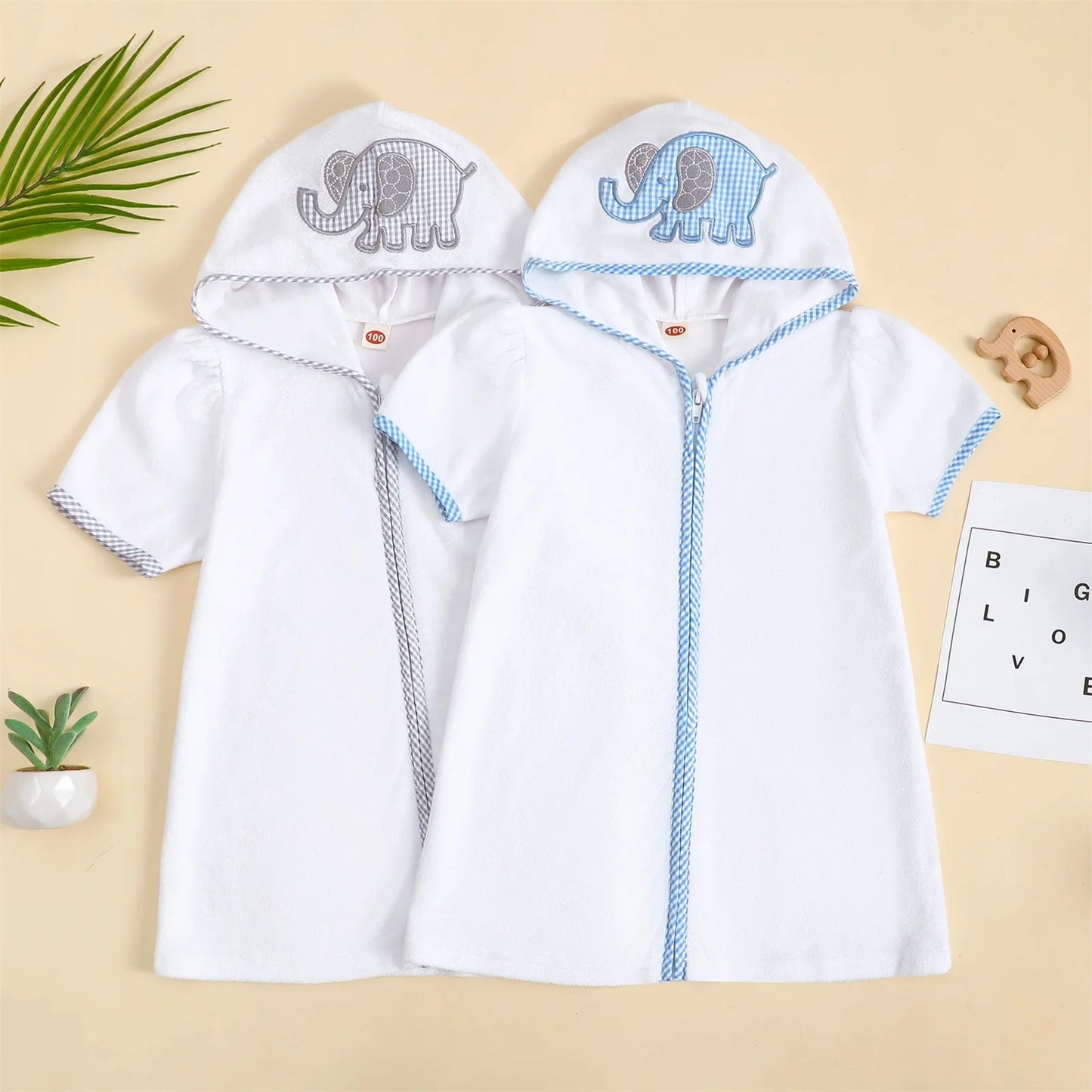 Lioraitiin Kid Swim Coverups Bow/Elephant Embroidery Short Sleeve Hooded Robe Zip-Up Towel Beachwear