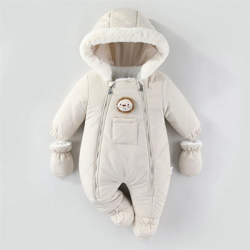 Cozy Plush Baby Snowsuit with Animal Patch, Available in 3 colors