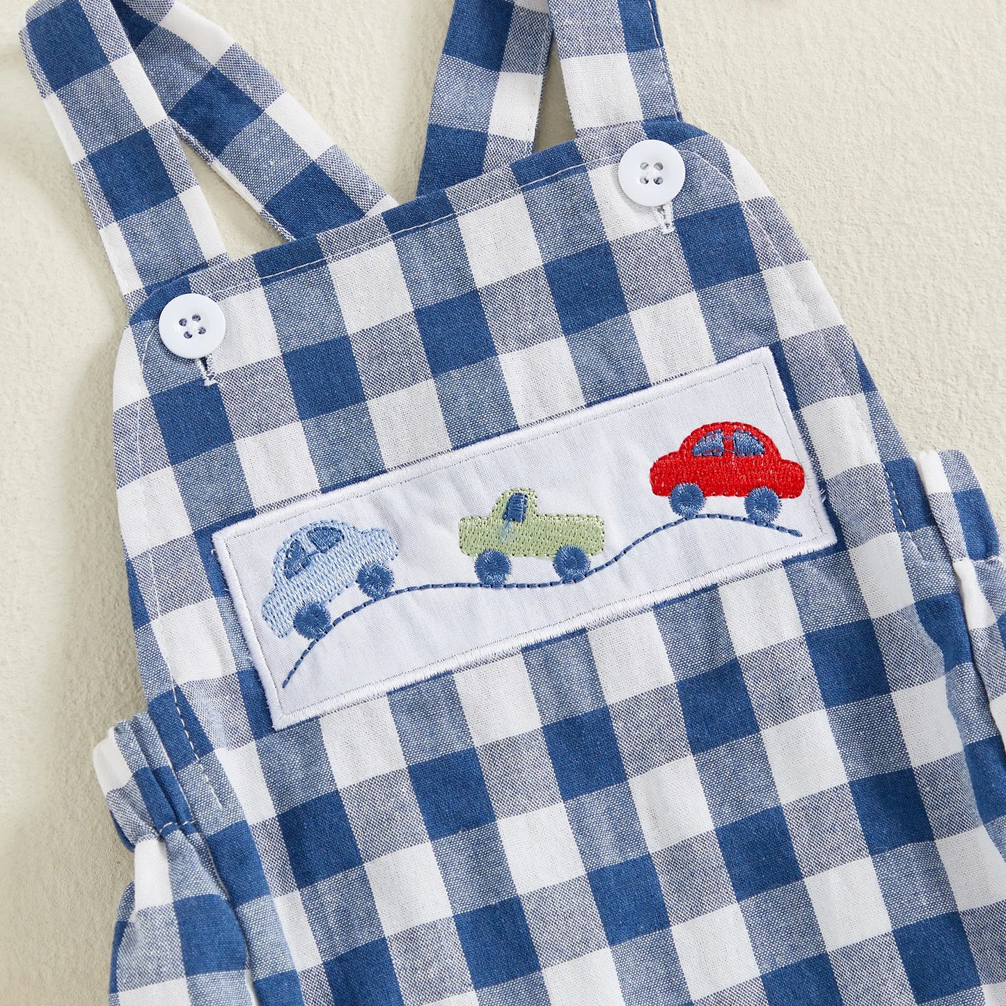 Cute Trucks or Lil Bro Gingham Shortall Romper