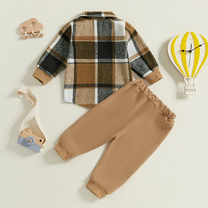 Cozy Plaid Flannel Shirt & Jogger Pants Set - Perfect for Little Adventurers!