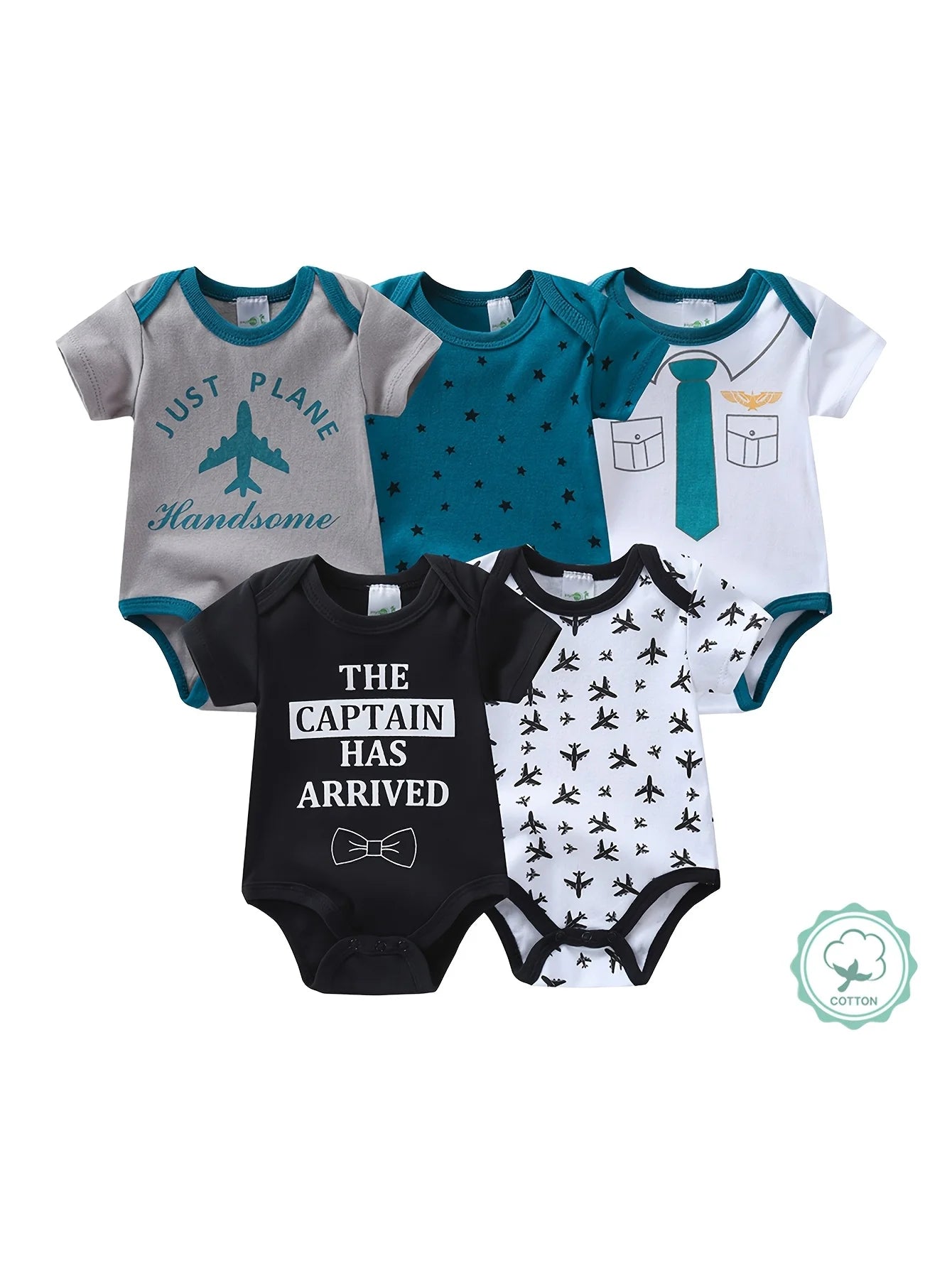 5pcs Baby Boy Short Sleeve Triangle Rompers, Infant Jumpsuits, Newborn Essential Outfits, Soft Breathable Casual Onesies, Bargain Price, Hospital Delivery Baby Supplies, Airplane And Gentleman Bow Tie Design, Baby Items Big D