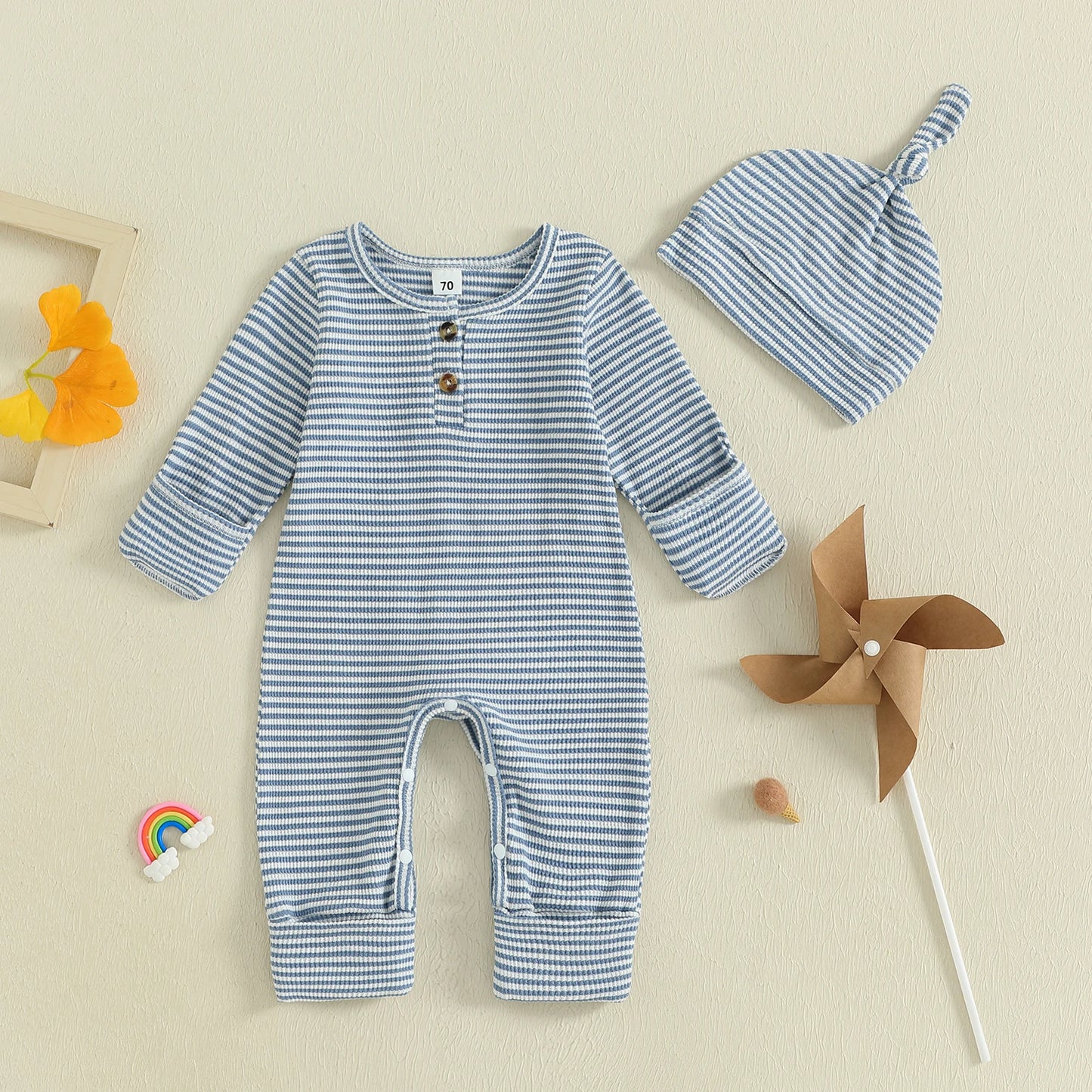 Striped Ribbed Onesie & Hat Set