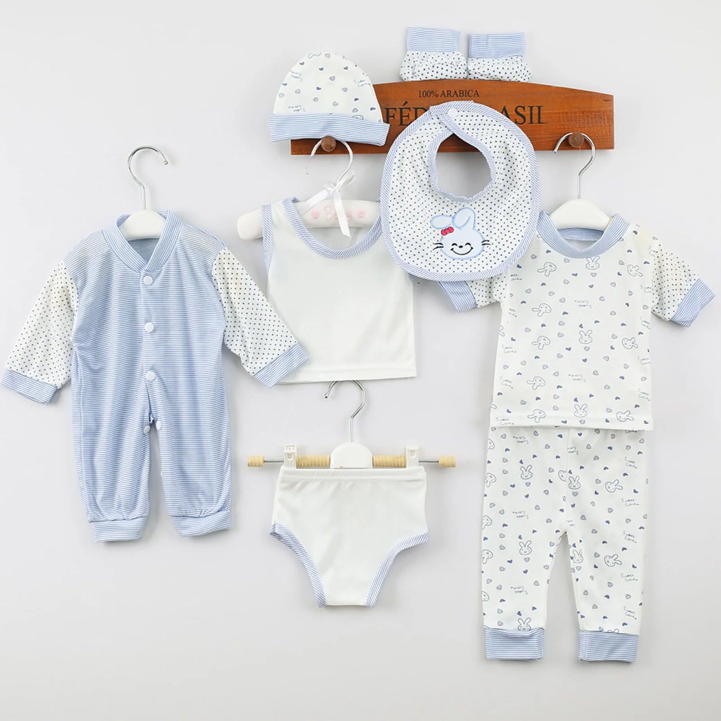 New Born Baby 8PCS Newborn Baby Boy Girl Tops+Hat+Pants +Bib+Sock Shose+Romper Outfits Set Cute Shirt Girl