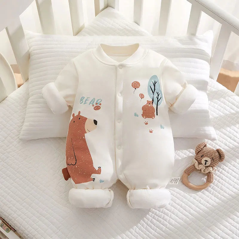 Xmas 2025 Winter 100% Cotton Thick Baby Jumpsuit Class A Skin Friendly 0-18M Side-release Button  Animal  Print  for Boys Girls