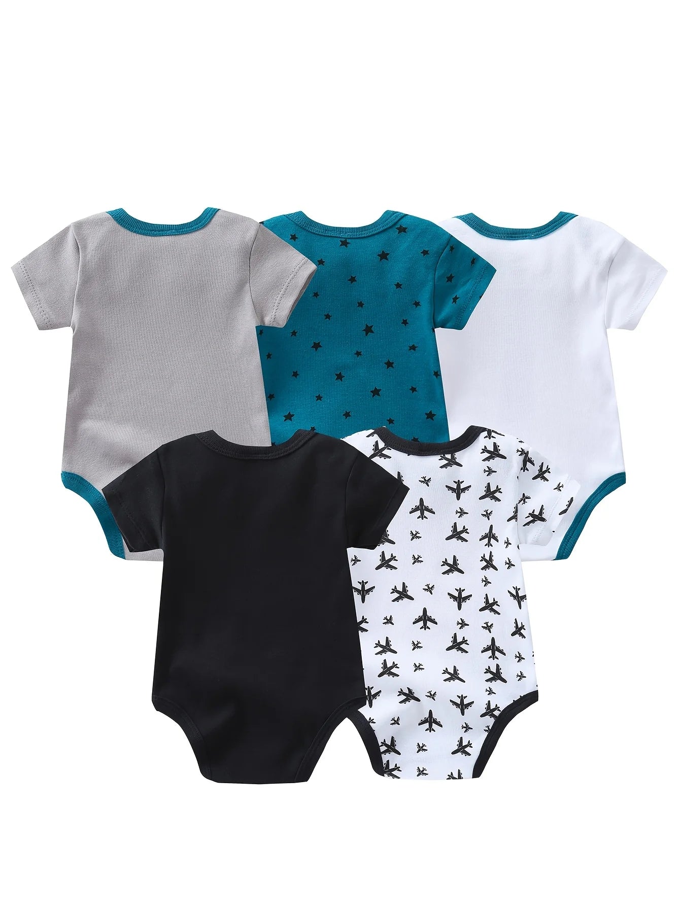 5pcs Baby Boy Short Sleeve Triangle Rompers, Infant Jumpsuits, Newborn Essential Outfits, Soft Breathable Casual Onesies, Bargain Price, Hospital Delivery Baby Supplies, Airplane And Gentleman Bow Tie Design, Baby Items Big D