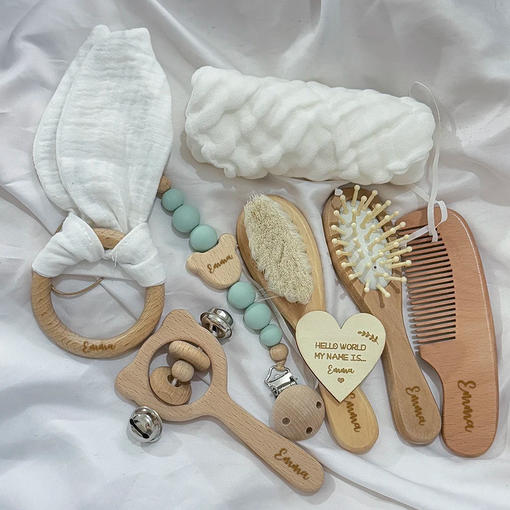 Baby Gift Box 8pcs with Personalized Name,Natural Wood Teether Rattle Set,Custom Baby Toy,Baby Name Announcement Baby Brush
