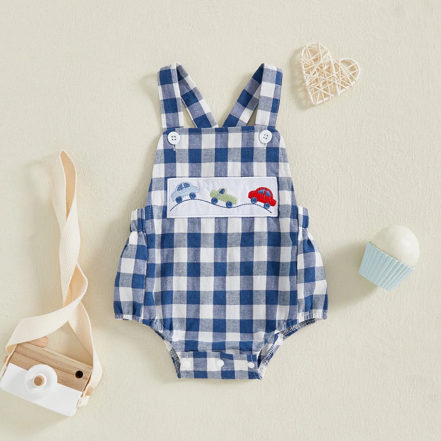Cute Trucks or Lil Bro Gingham Shortall Romper