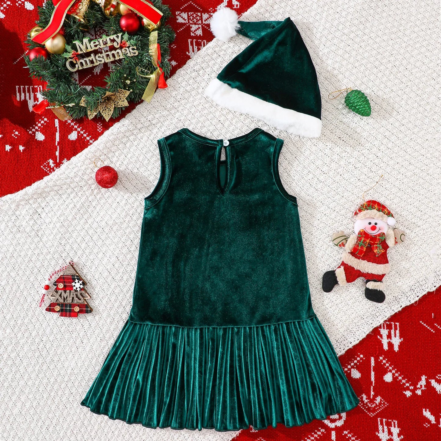 Girls Sleeveless Velvet Christmas Dress with Matching Hat
