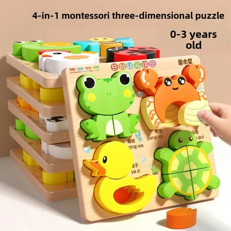 Montessori Cartoon 3D Wooden Puzzle Animal Traffic Jigsaw Toys for Kids