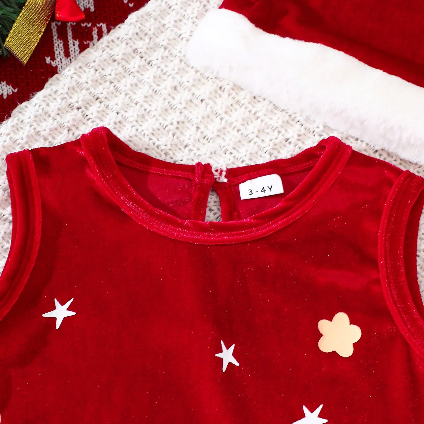 Girls Sleeveless Velvet Christmas Dress with Matching Hat