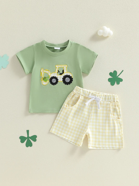Tractor T Shirt and Gingham Shorts Baby Outfit Set