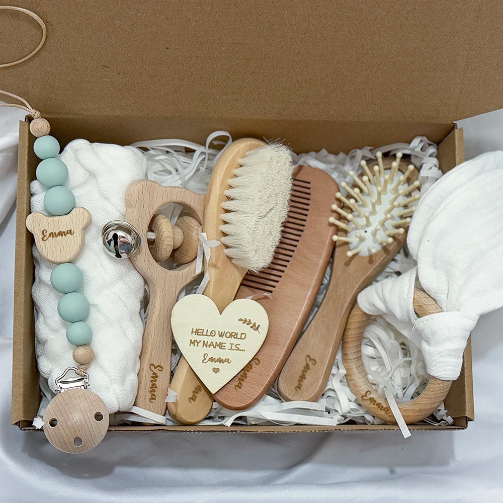 Baby Gift Box 8pcs with Personalized Name,Natural Wood Teether Rattle Set,Custom Baby Toy,Baby Name Announcement Baby Brush