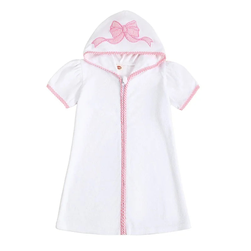 Lioraitiin Kid Swim Coverups Bow/Elephant Embroidery Short Sleeve Hooded Robe Zip-Up Towel Beachwear