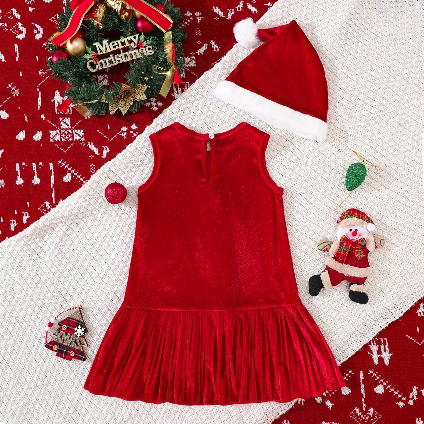 Girls Sleeveless Velvet Christmas Dress with Matching Hat