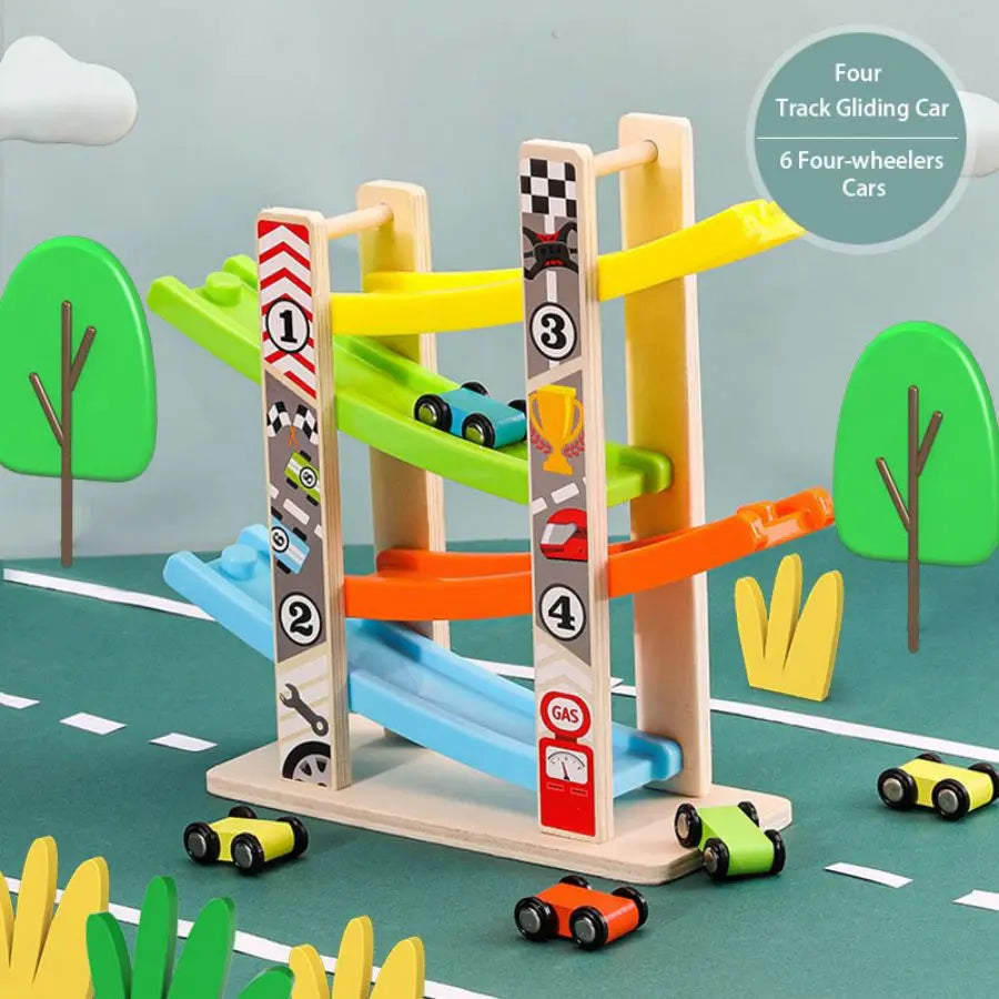 Seven-Track Wooden Gliding Car Ramp