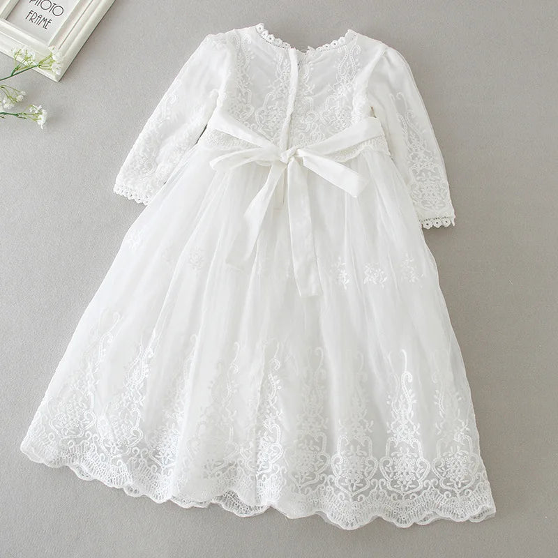 Classic Long-Sleeve Lace Christening Gown with Bonnet