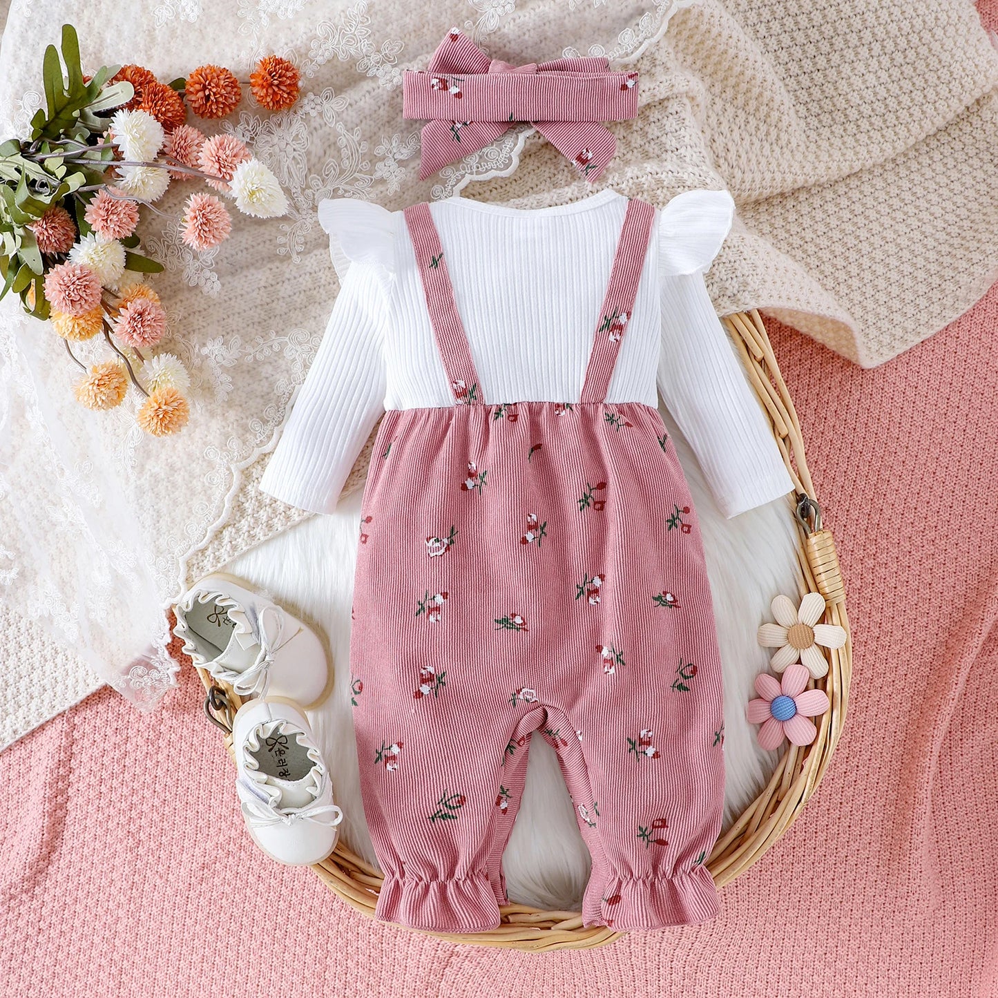 Adorable Baby Overall and Bodysuit Set with Matching Headband