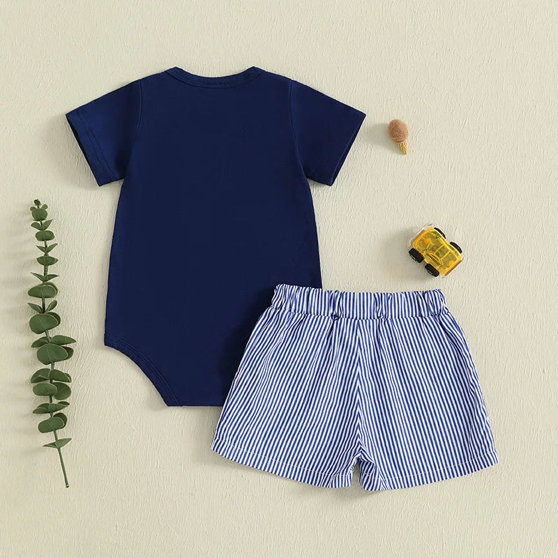 Train Appliqué Baby Boy Set – Navy Top and Striped Shorts