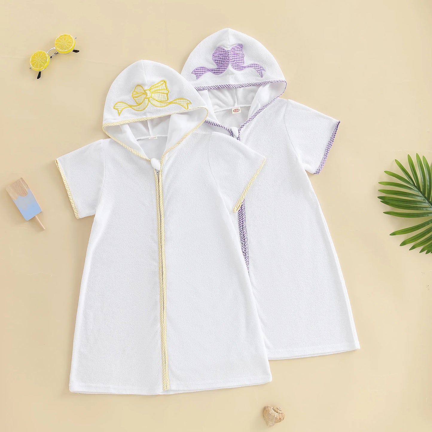 Lioraitiin Kid Swim Coverups Bow/Elephant Embroidery Short Sleeve Hooded Robe Zip-Up Towel Beachwear