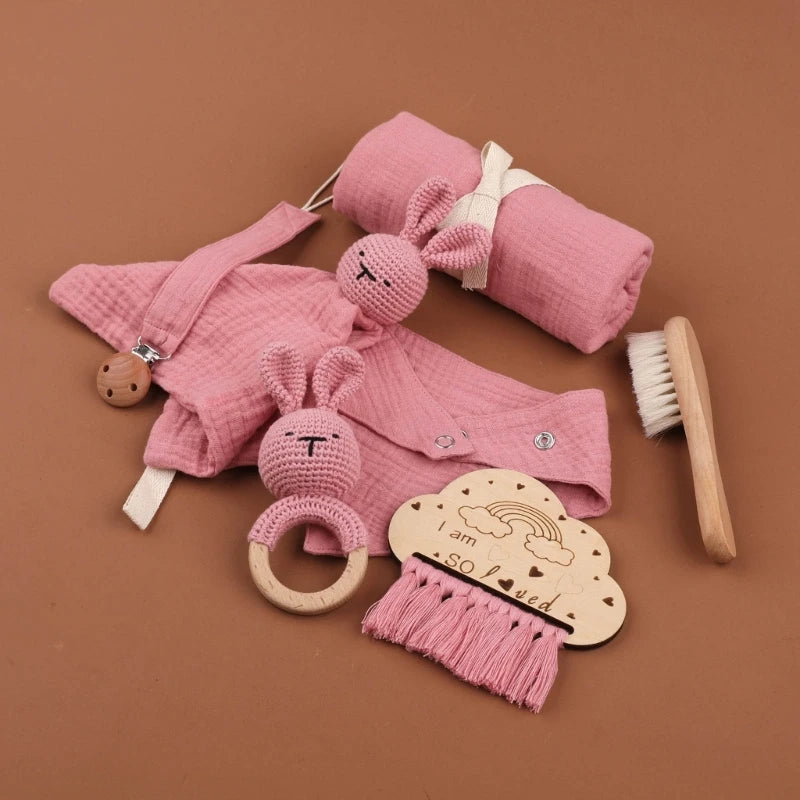 Baby Blanket Set Baby Phase Card with Teether Bath Toy with Brush Comforter