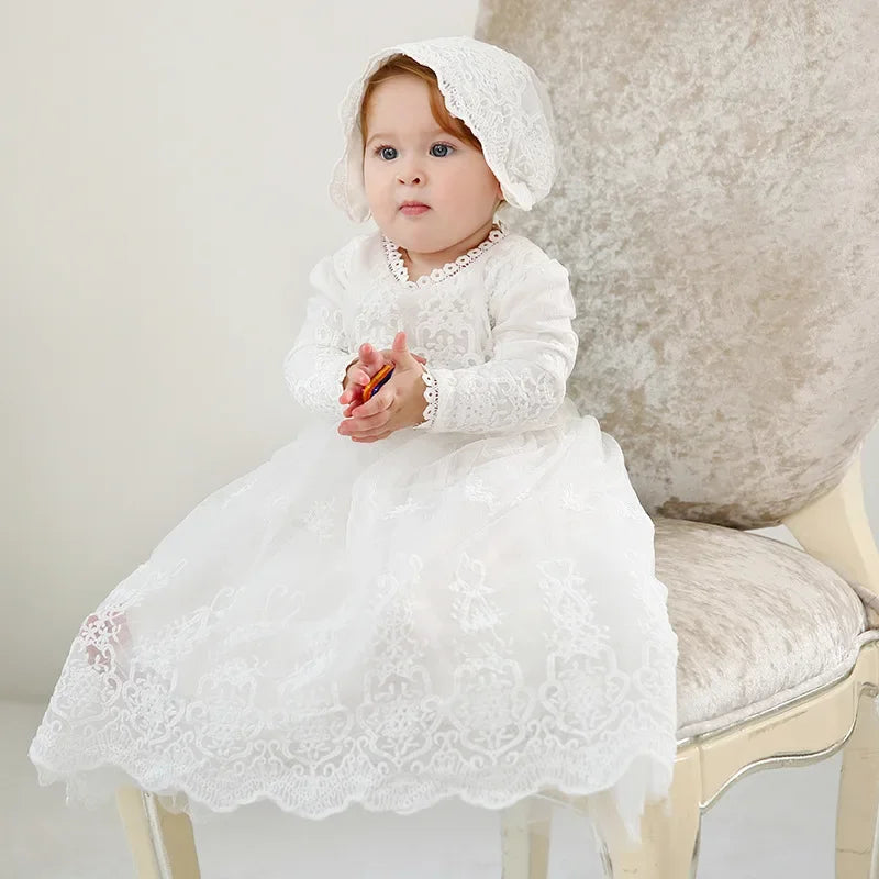 Classic Long-Sleeve Lace Christening Gown with Bonnet