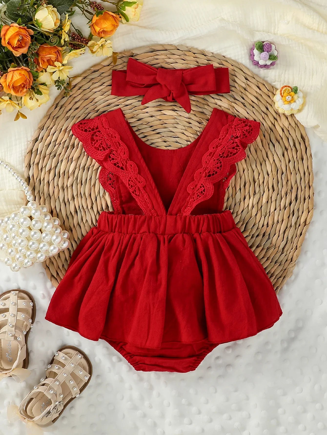 Ruffle Romper Set with Headband – Rust or Red