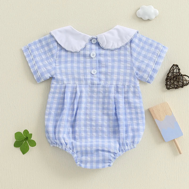 Blue Gingham Wheels Smocked Romper