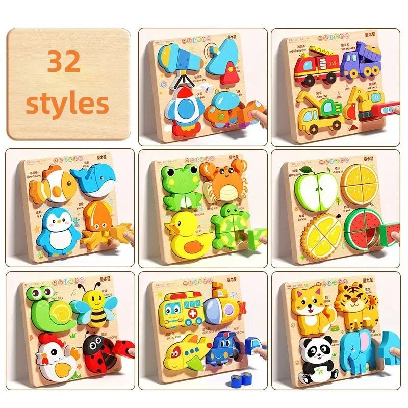 Montessori Cartoon 3D Wooden Puzzle Animal Traffic Jigsaw Toys for Kids