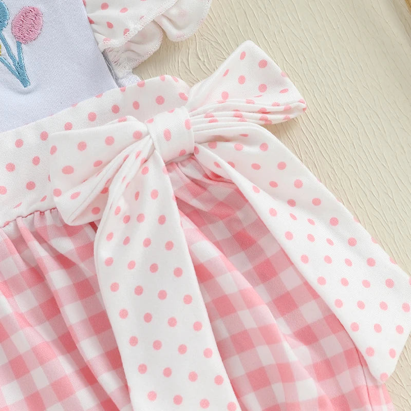 Gingham Birthday Romper with Embroidered Cake and Bows
