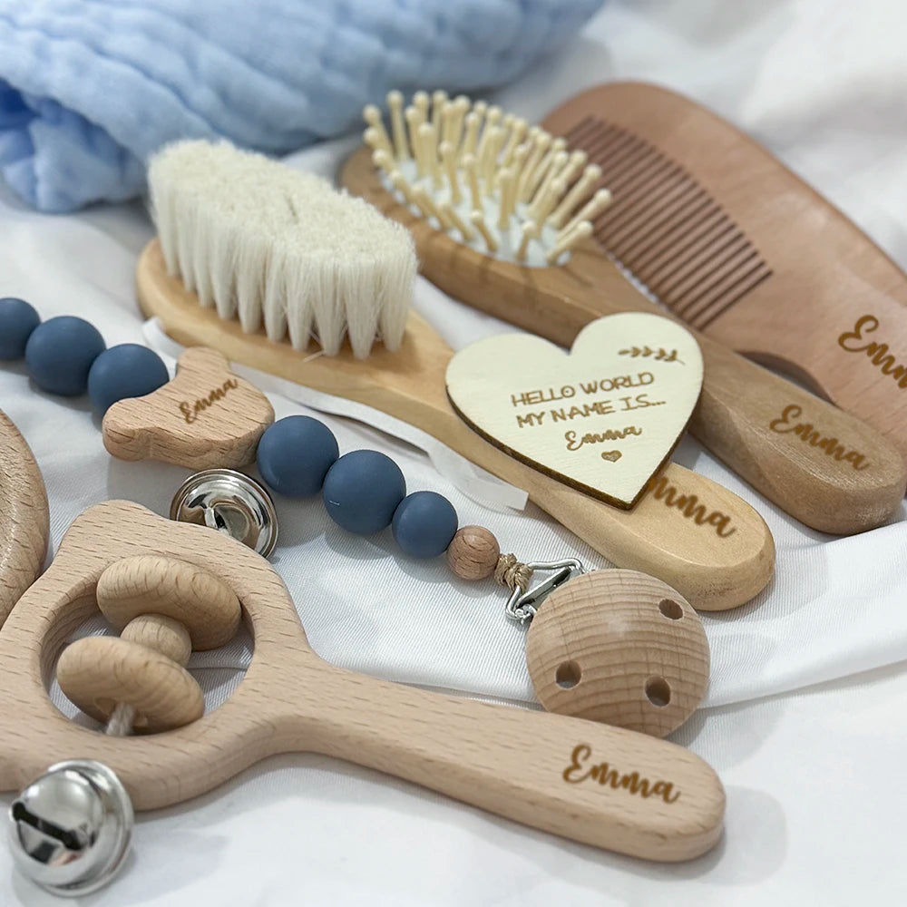 Baby Gift Box 8pcs with Personalized Name,Natural Wood Teether Rattle Set,Custom Baby Toy,Baby Name Announcement Baby Brush