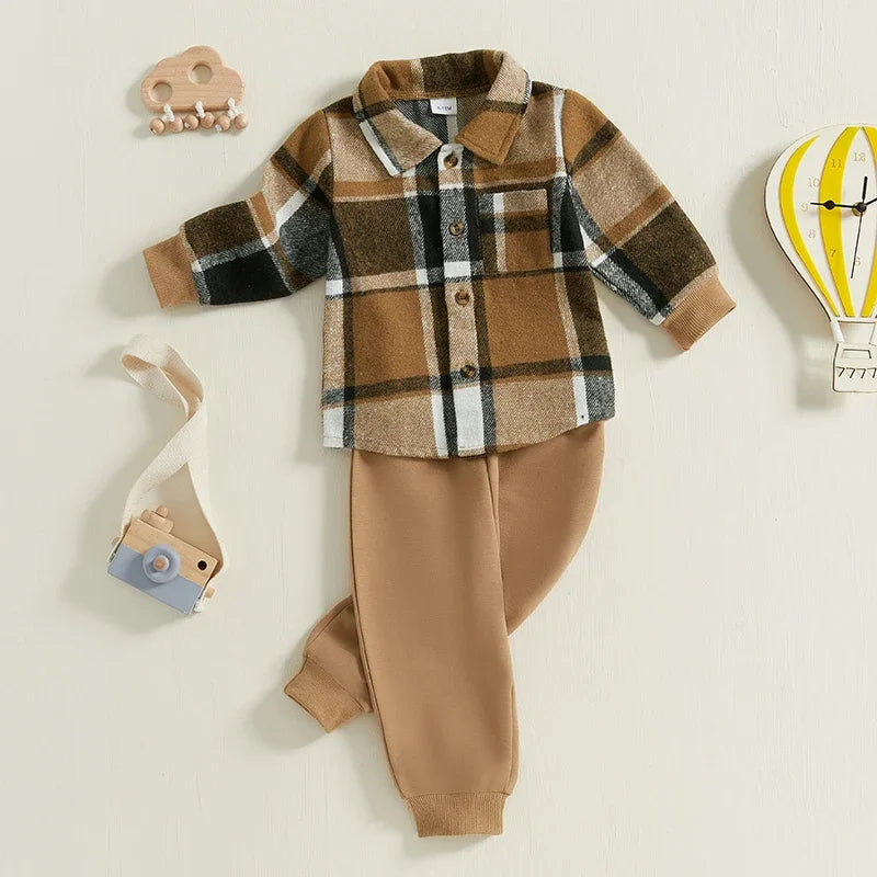 Cozy Plaid Flannel Shirt & Jogger Pants Set - Perfect for Little Adventurers!