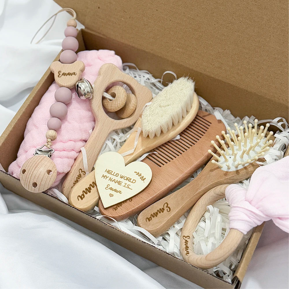 Baby Gift Box 8pcs with Personalized Name,Natural Wood Teether Rattle Set,Custom Baby Toy,Baby Name Announcement Baby Brush