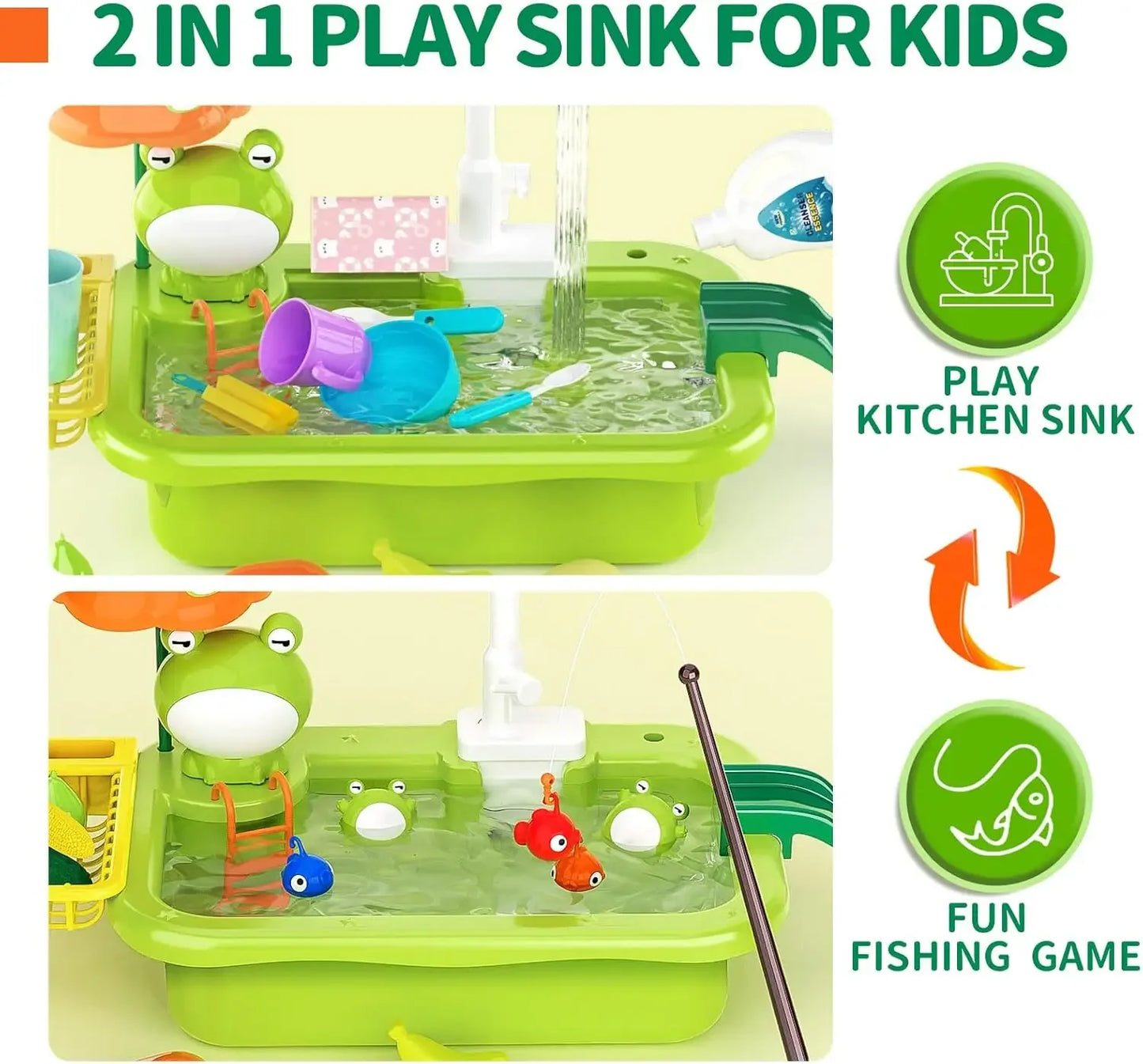 Frog-Themed Water Play Sink with Running Water for Kids