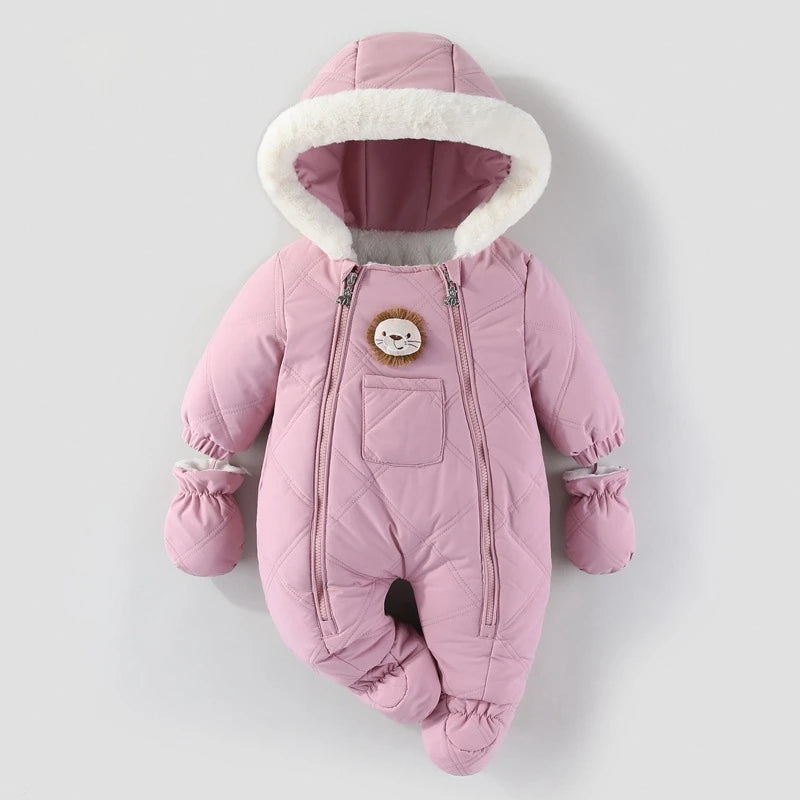 Cozy Plush Baby Snowsuit with Animal Patch, Available in 3 colors