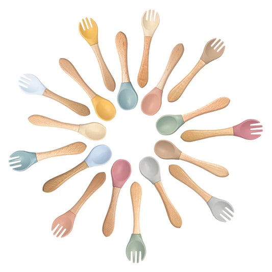 Silicone and Wooden Baby Spoon & Fork Set