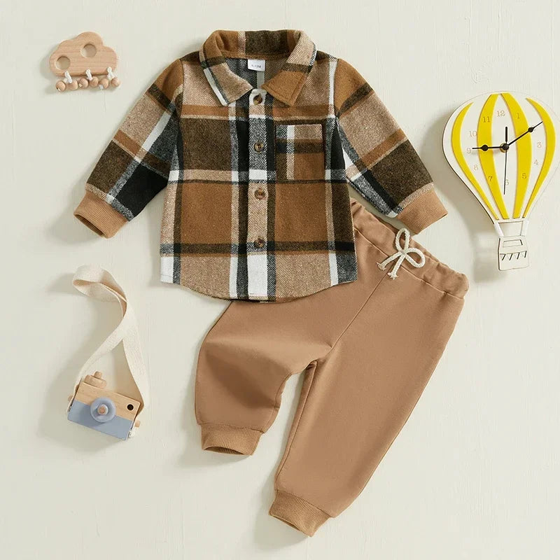 Cozy Plaid Flannel Shirt & Jogger Pants Set - Perfect for Little Adventurers!