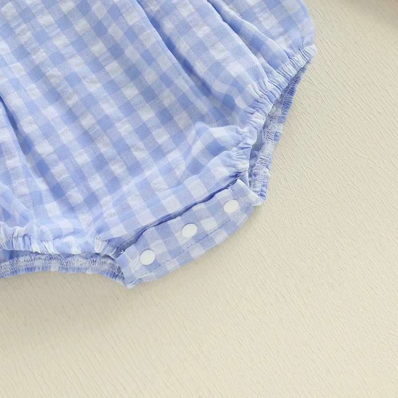 Blue Gingham Wheels Smocked Romper