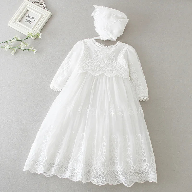 Classic Long-Sleeve Lace Christening Gown with Bonnet