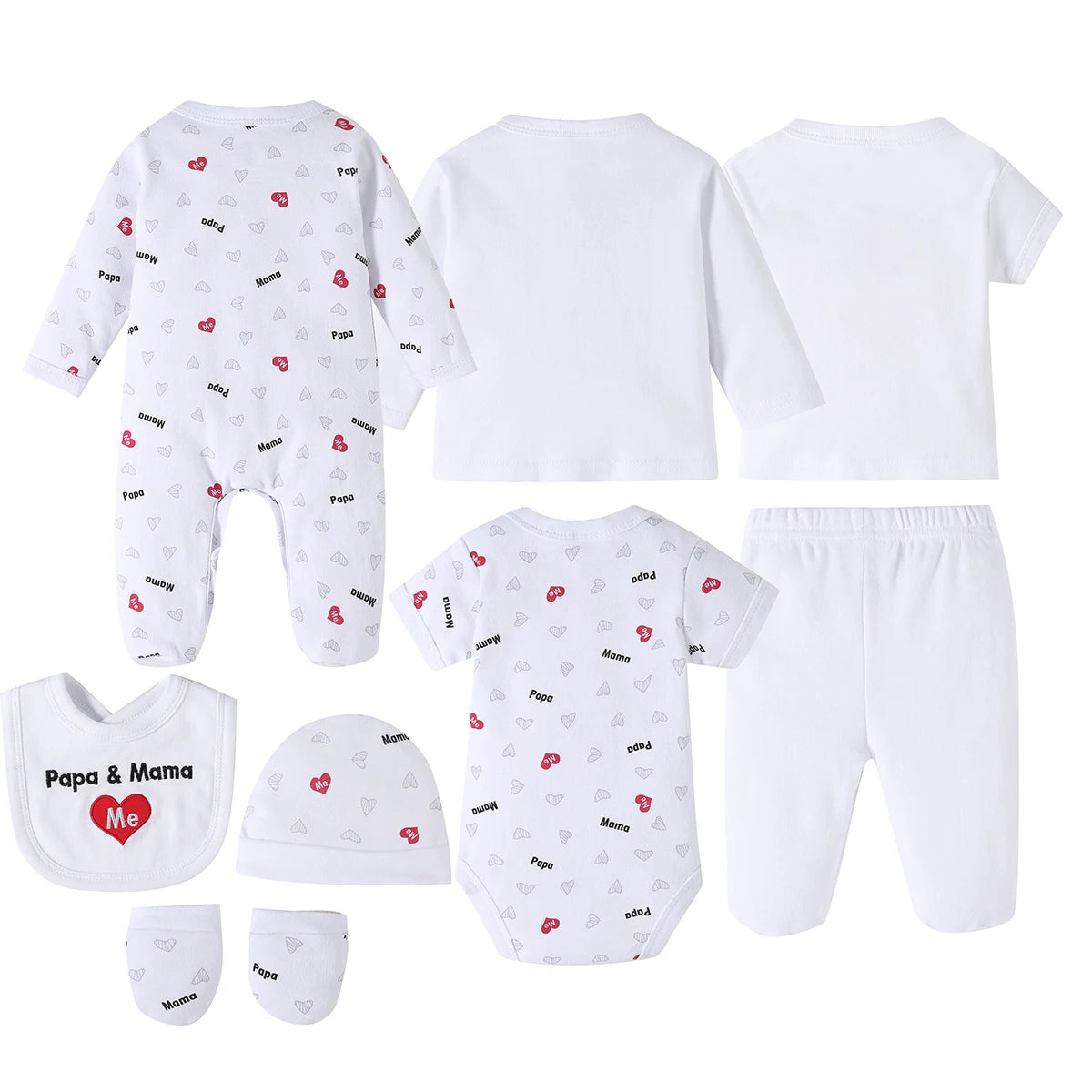 This 8pcs Soft Spring And Summer Set Is Suitable For Boys' And Girls' Clothing And Accessories With Heart Letters And Floral Patterns, Including Trousers, Hats, Bibs, Socks, Pants, Jackets And Tops, And Is Ideal For Outdoor H
