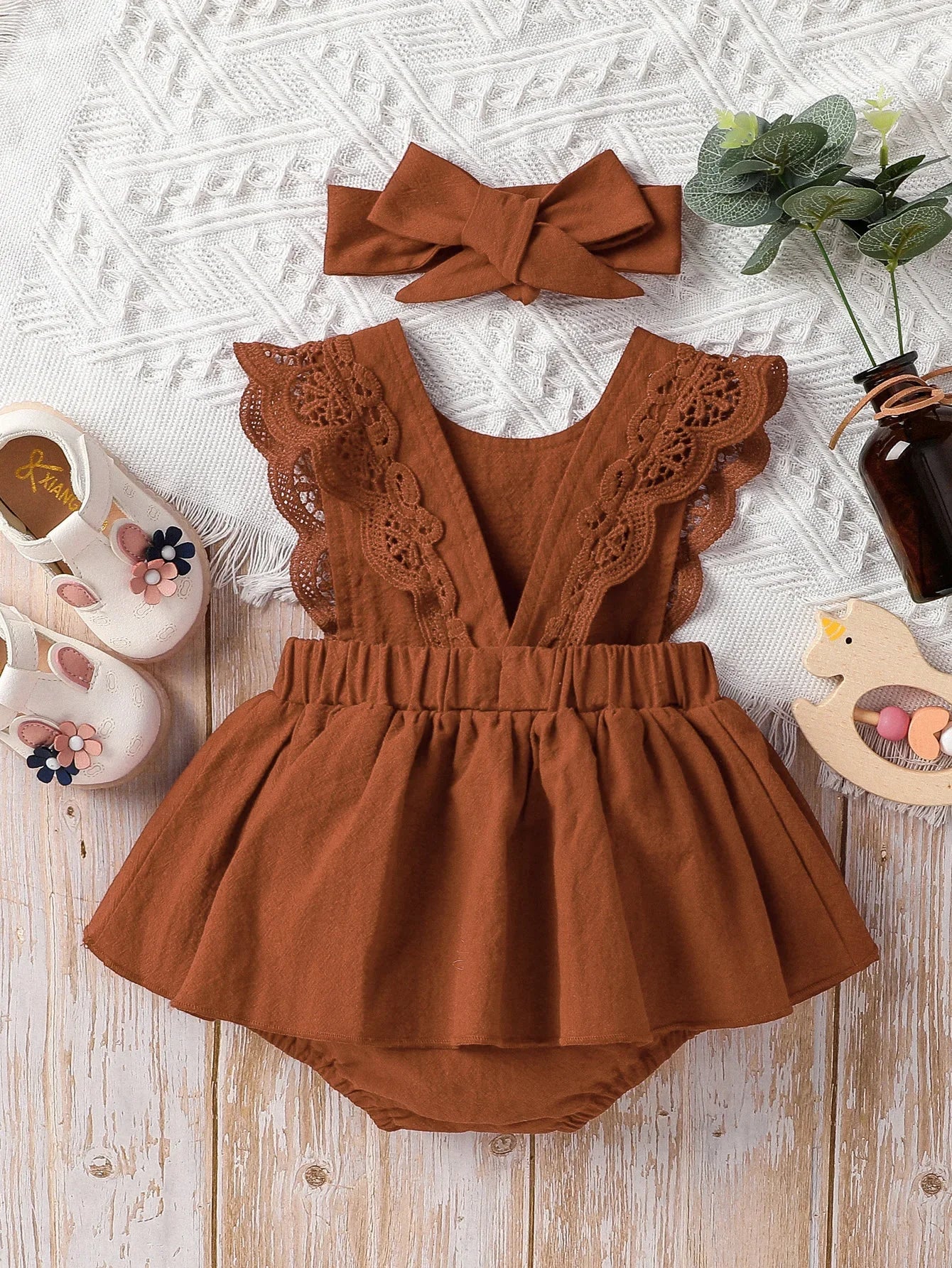 Ruffle Romper Set with Headband – Rust or Red