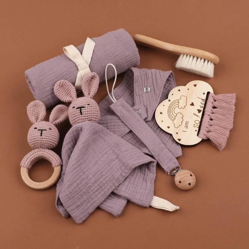 Baby Blanket Set Baby Phase Card with Teether Bath Toy with Brush Comforter