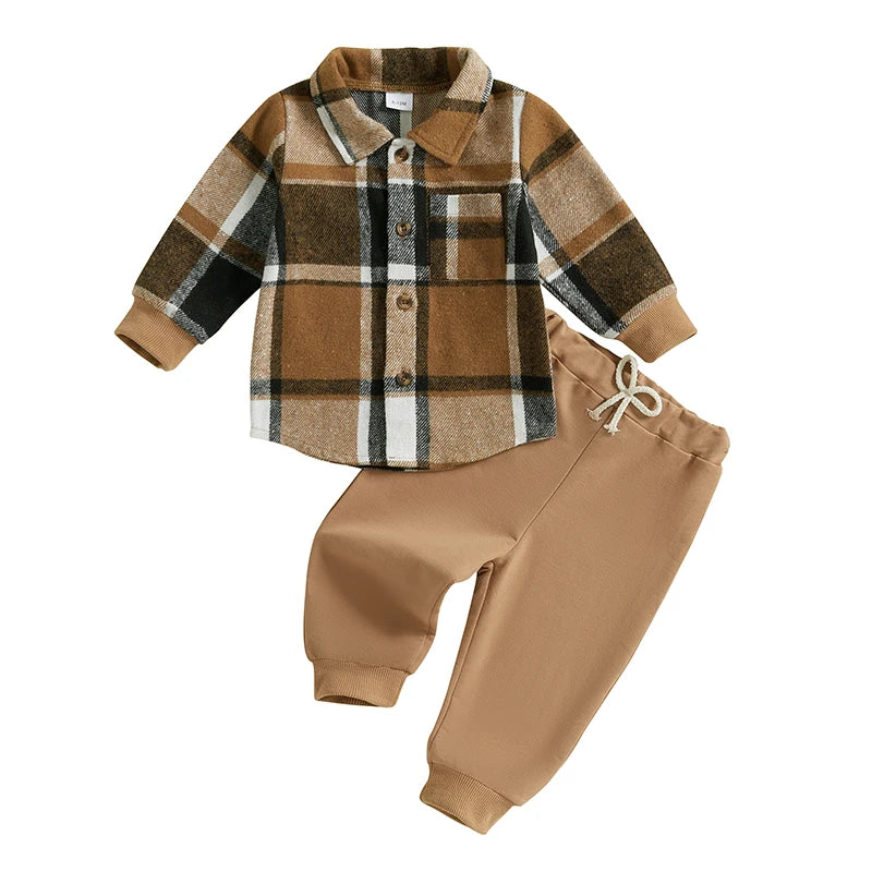 Cozy Plaid Flannel Shirt & Jogger Pants Set - Perfect for Little Adventurers!