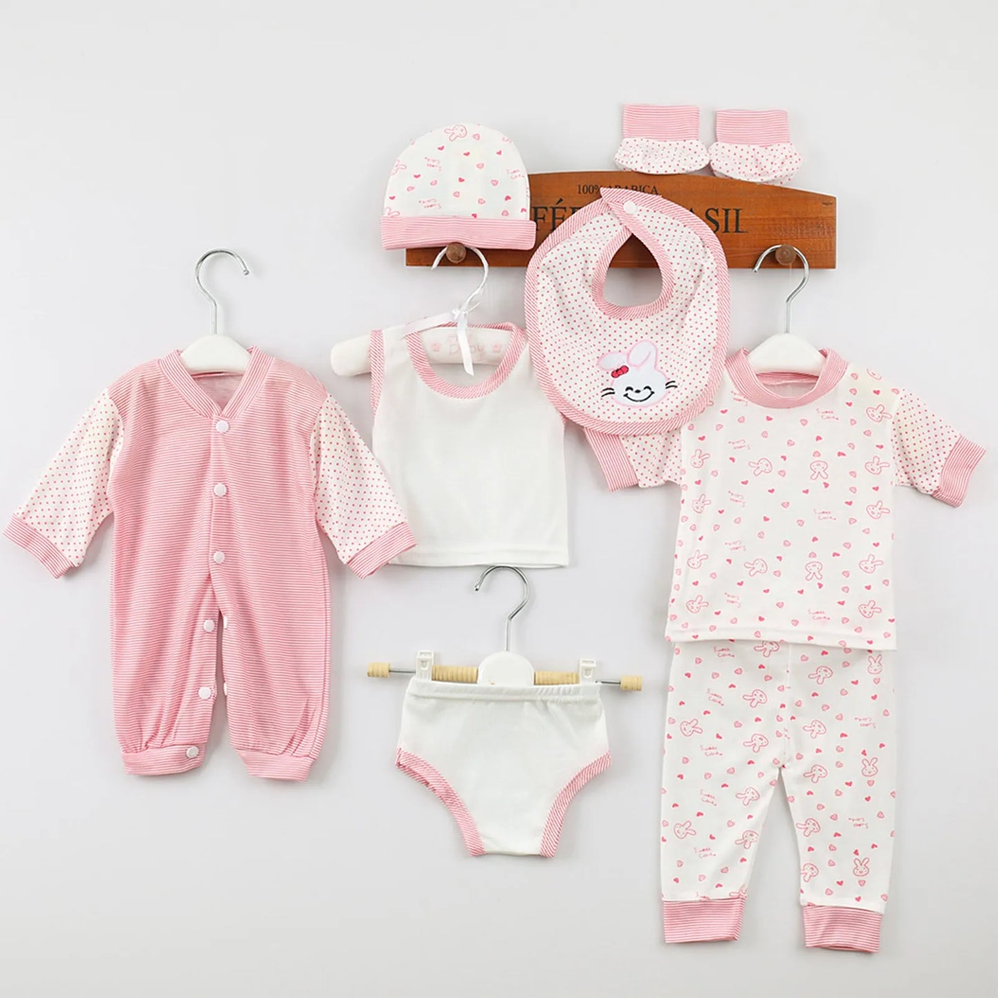 New Born Baby 8PCS Newborn Baby Boy Girl Tops+Hat+Pants +Bib+Sock Shose+Romper Outfits Set Cute Shirt Girl