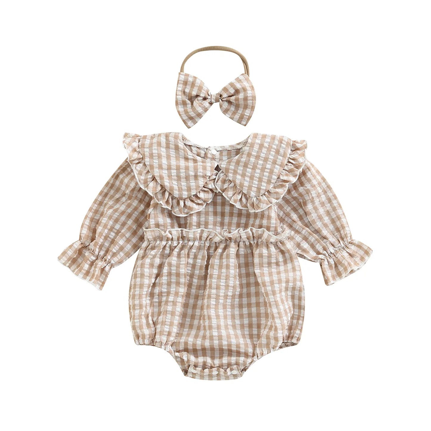 Citgeett Autumn Infant Baby Girl Fall Outfit Plaid Collar Long Sleeve Ruffle Bodysuit + Hairband Clothes Set 0-18Months