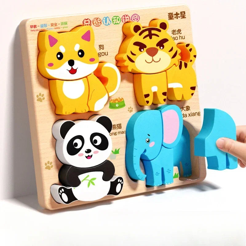 Montessori Cartoon 3D Wooden Puzzle Animal Traffic Jigsaw Toys for Kids